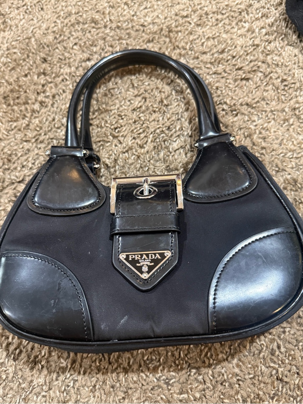 Prada Tessuto Nylon and Leather Mini Moon Bag Nero/Black